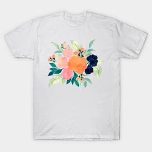 Elegant Blue Pink Orange Flowers Watercolor Floral T-Shirt